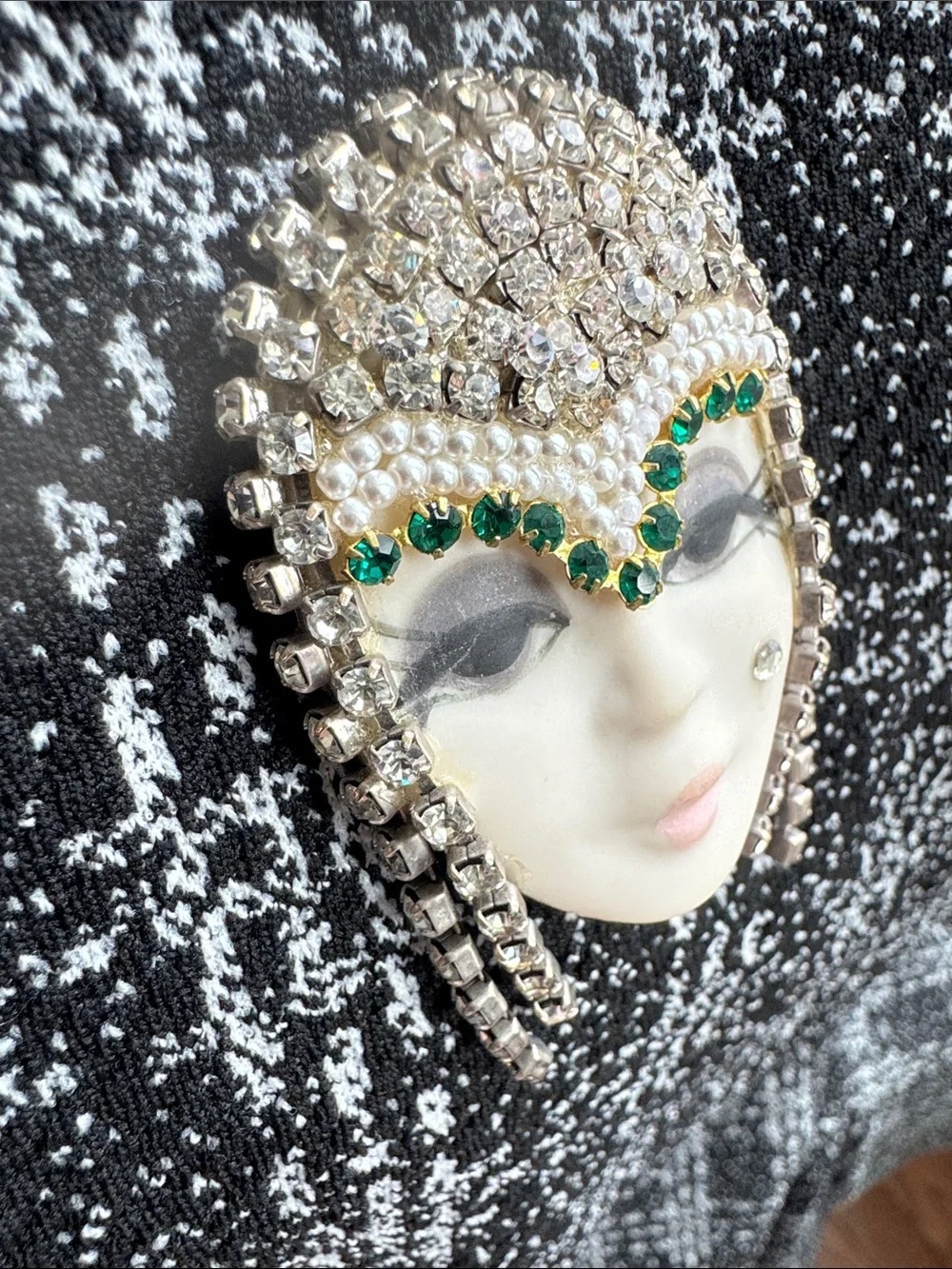 Gabriella Vantage Art Deco Porcelain Flapper Girl Face Rhinestone Brooch Pin